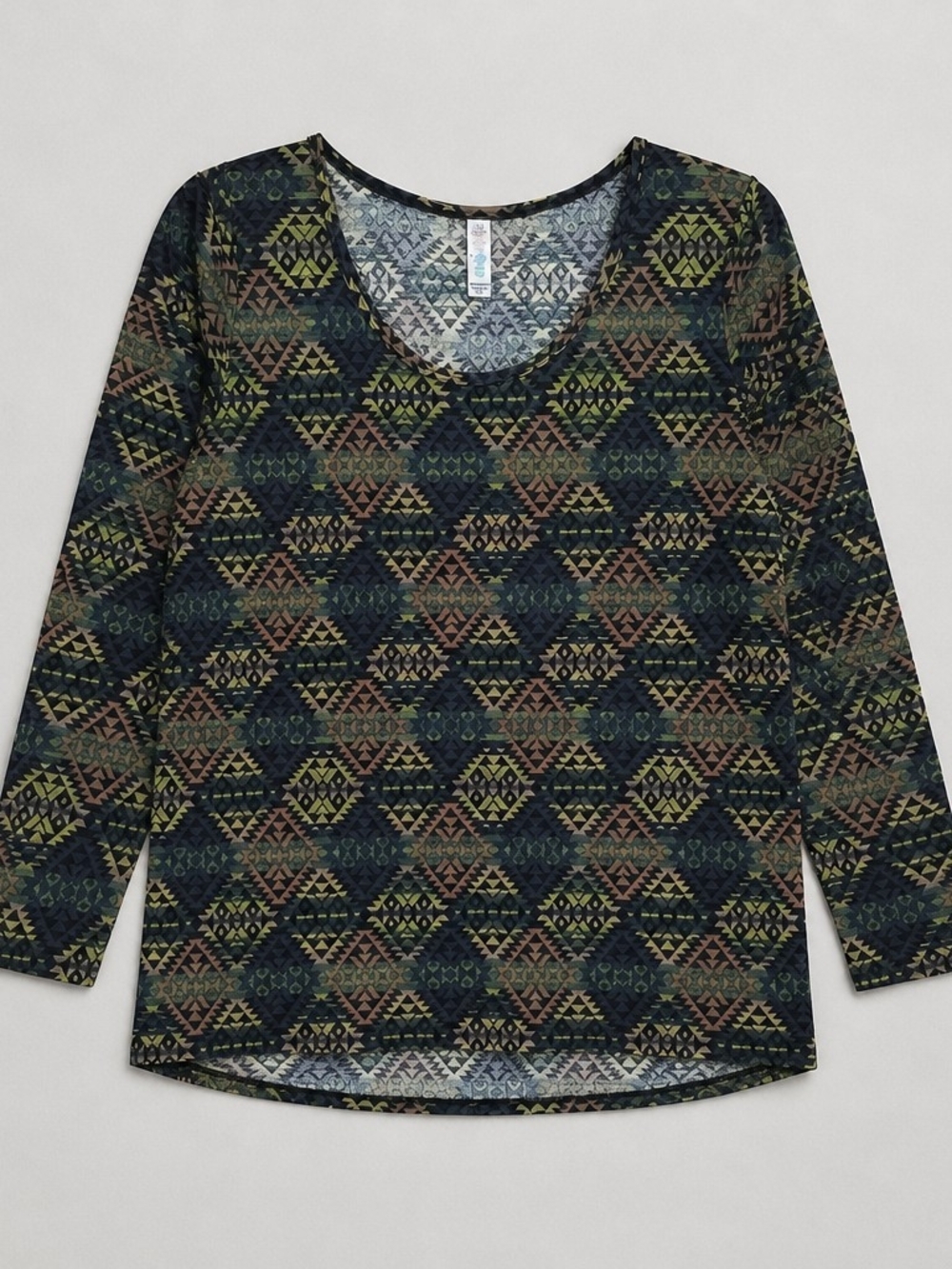 LuLuRoe Long-Sleeve Scoop Neck Tee in Olive and Black Geometric Print